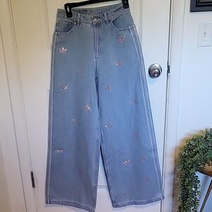 Adidas Rhinestone Detail Women's Blue Jeans with Embroidered Details